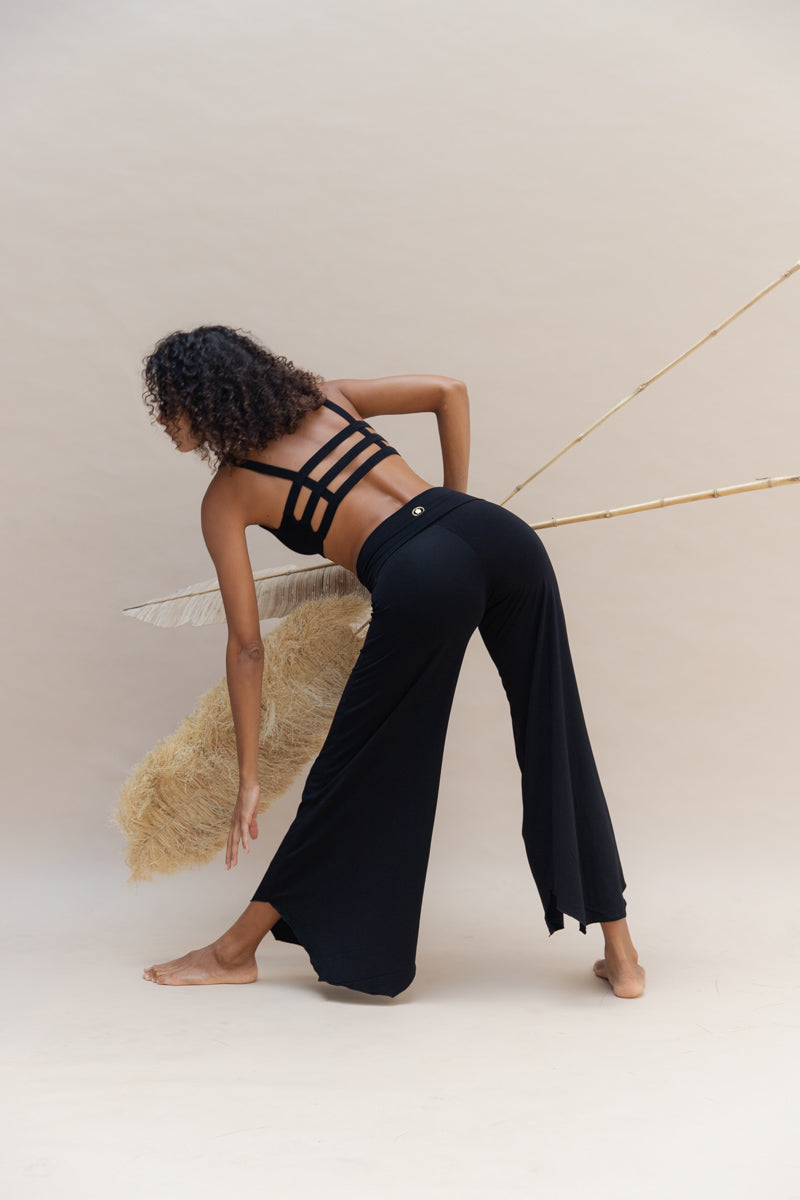 Fold Over Flared Yoga Pants Black - LADYLIKE FASHION