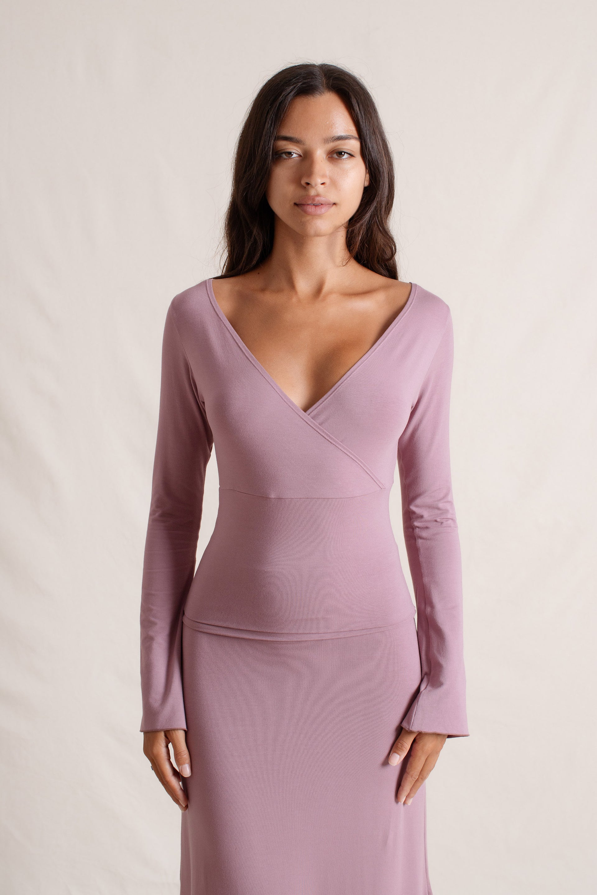 chinese dress ladies Long-Sleeve Bubble Hem Mini Dress in Mauve - 2