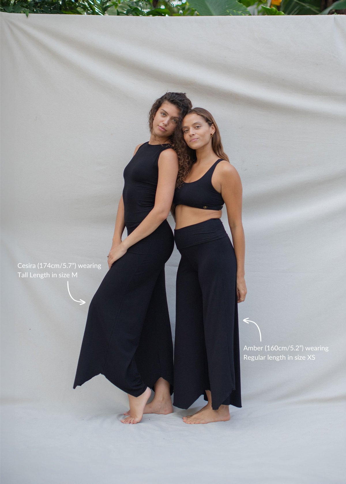 Cesira is wearing size M, Waist 70cm (27.5”), Hips 96cm (37.8”), Height 174cm (5.7”). Amber wears size S. Waist 72cm (28.3”), Hips 87cm (34.2”), Height 160cm (5.2”)